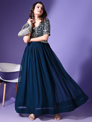 FASHION BASKET Flared/A-line Gown(Light Blue)