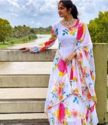 VEDU Anarkali Gown(Multicolor, White)