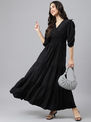 Raiyani Fashion Women Striped Anarkali Kurta(Black)