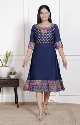 FABUNNA Women Solid Flared Kurta(Blue)