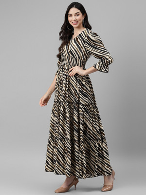 Jash Creation Women Fit and Flare Beige Maxi/Full Length Dress