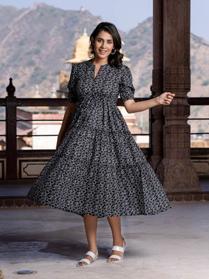 Krunal Raiyani Women Fit and Flare Black Midi/Calf Length Dress