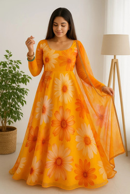 GlimmerGown Anarkali Gown(Orange)