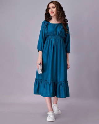 Jash Creation Women Fit and Flare Dark Blue Midi/Calf Length Dress