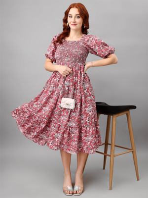 Jash Creation Women Fit and Flare Pink Midi/Calf Length Dress