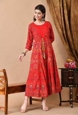 jaipurite Women Embroidered, Paisley, Printed, Self Design Anarkali Kurta(Red)