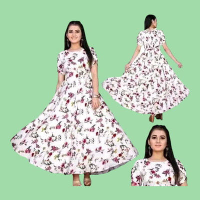 U CREATION Anarkali Gown(White)