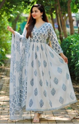 SFA TEXTILE Anarkali Gown(White, Blue)