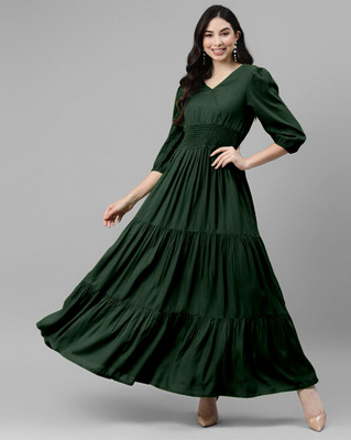 Jash Creation Women Fit and Flare Green Maxi/Full Length Dress