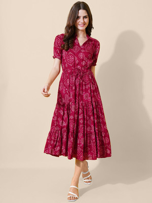 Krunal Raiyani Women Fit and Flare Pink Midi/Calf Length Dress