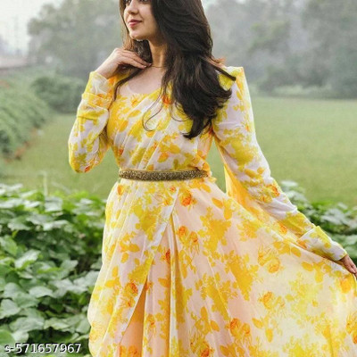 PARV ENTERPRISE Anarkali Gown(Yellow, White)