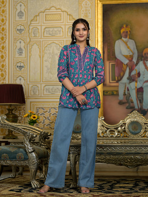 Varanga Casual 3/4 Sleeve Printed Women Blue Top