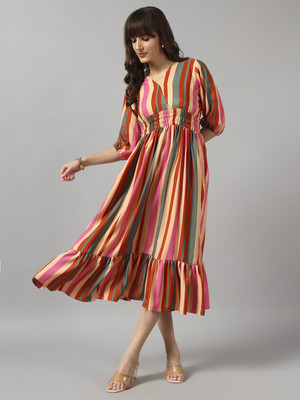 Krunal Raiyani Women Fit and Flare Multicolor Midi/Calf Length Dress