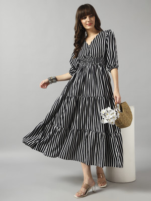 Raiyani Enterprise Women Fit and Flare White, Black Maxi/Full Length Dress