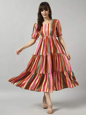 Krunal Raiyani Women Fit and Flare Multicolor Midi/Calf Length Dress