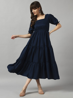 Krunal Raiyani Women Fit and Flare Blue Midi/Calf Length Dress