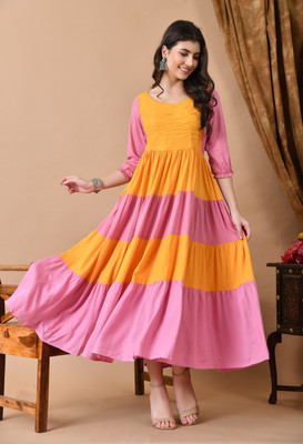 jaipurite Anarkali Gown(Pink, Yellow)