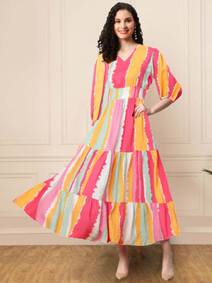 Jash Creation Women Fit and Flare Multicolor Midi/Calf Length Dress