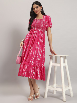 Jash Creation Women Fit and Flare Pink Ankle Length Dress