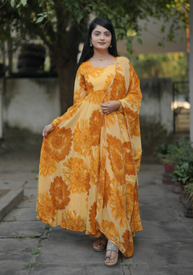 MAHIBHAG CREATION Flared/A-line Gown(Yellow)