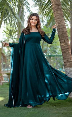 JS CREATIVE Anarkali Gown(Dark Green)