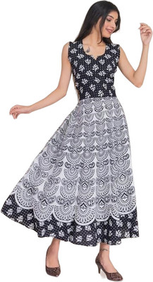 ANUNJA Women Maxi Black, White Full Length Dress