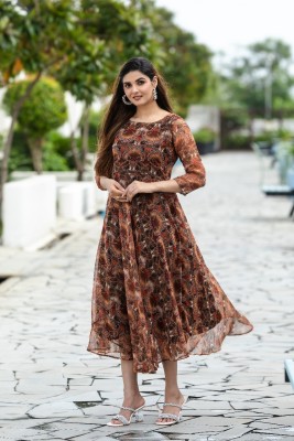 djn creation Anarkali Gown(Brown)