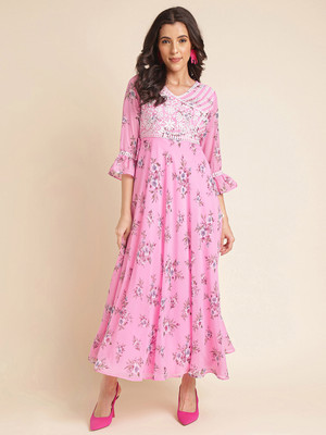 all about you Women Fit and Flare Pink Ankle Length Dress