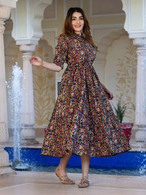 Krunal Raiyani Women Fit and Flare Brown Midi/Calf Length Dress