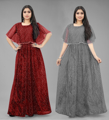 DECOFIN Flared/A-line Gown(Maroon, Grey)