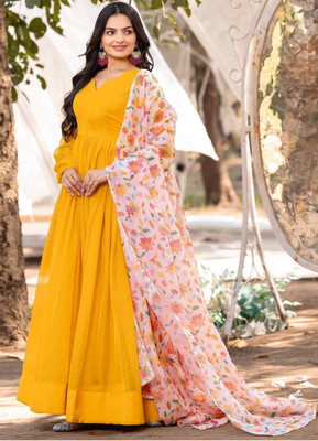 pramukh creation Flared/A-line Gown(Yellow)