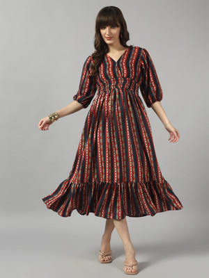 Krunal Raiyani Women Fit and Flare Black Midi/Calf Length Dress