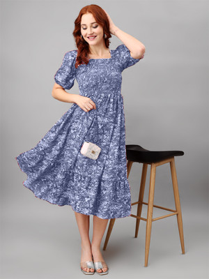 Jash Creation Women Fit and Flare Blue Midi/Calf Length Dress