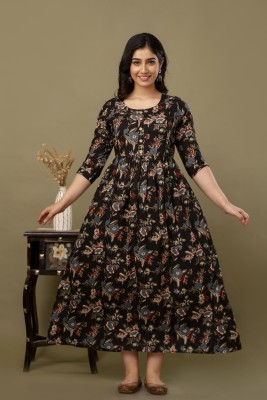 Nevisha Style Women Floral Print Anarkali Kurta(Black)