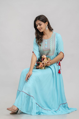 ftDiva Women Embroidered Anarkali Kurta(Blue)