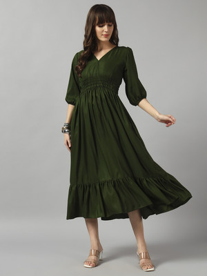 Raiyani Enterprise Women Fit and Flare Maroon Midi/Calf Length Dress