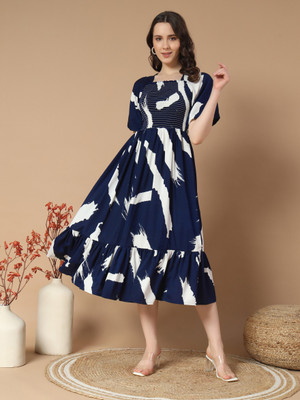 Jash Creation Women Fit and Flare Multicolor Midi/Calf Length Dress
