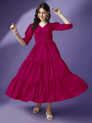 Jash Creation Women Fit and Flare Red Maxi/Full Length Dress