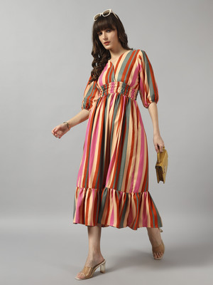 Jash Creation Women Fit and Flare Multicolor Midi/Calf Length Dress