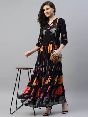 Jash Creation Women Fit and Flare Black Midi/Calf Length Dress