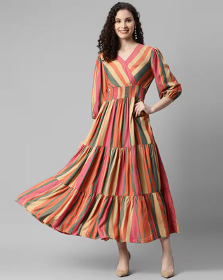 Krunal Raiyani Women Fit and Flare Multicolor Maxi/Full Length Dress