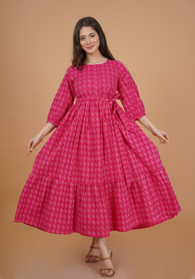 INDIANIC Women Printed A-line Kurta(Pink)