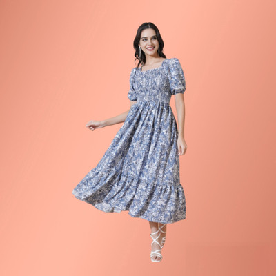 Krunal Raiyani Women Fit and Flare Blue Midi/Calf Length Dress