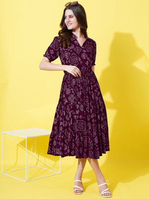 Jash Creation Women Fit and Flare Purple Below Knee Dress
