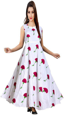 Kuber Fashion Flared/A-line Gown(White, Red)