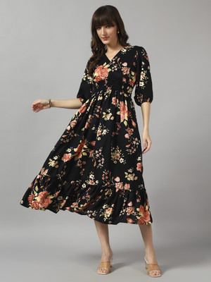 Krunal Raiyani Women Fit and Flare Black Midi/Calf Length Dress