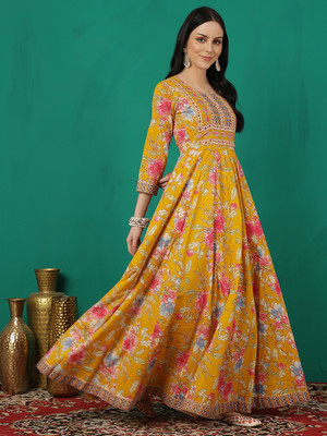 Women Click Anarkali Gown(Yellow)