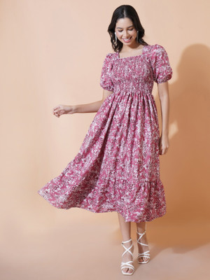 Jash Creation Women Fit and Flare Pink Midi/Calf Length Dress