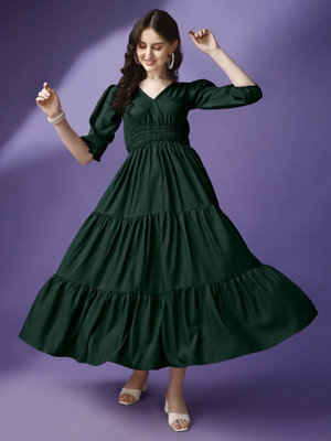 Jash Creation Women Fit and Flare Green Maxi/Full Length Dress