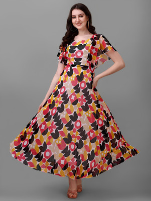 Archi Enterprise Flared/A-line Gown(White, Multicolor)